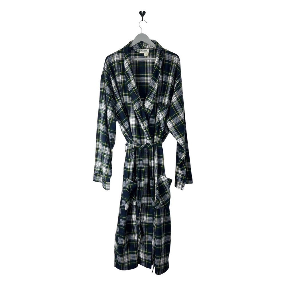 Vintage LL Bean Mens Flannel Robe Tall XXL Plaid Cotton Sleepwear Loungewear